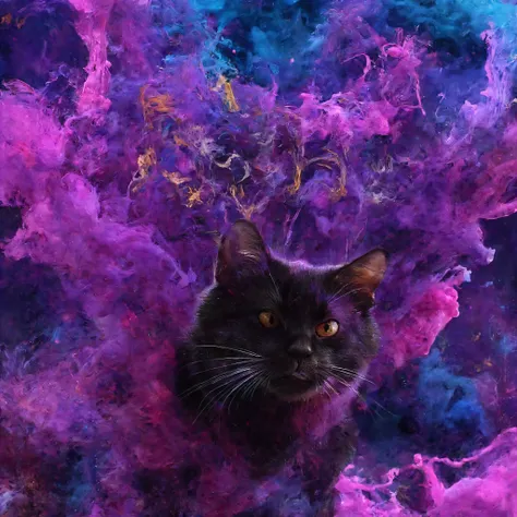 Nandra-Pro Beta、(((プリズムに照らされた猫))), 見事な, artistic scene featuring a black cat set against a deep 黒い背景 where light bends through a prism creating vivid colors like violet, ブルー, 緑, 金 , neon-style プロフェッショナル lettering, の鮮やかな色合いが強く輝き、リアリズムとを組み合わせたプリズム. 見事な, 芸術的な...