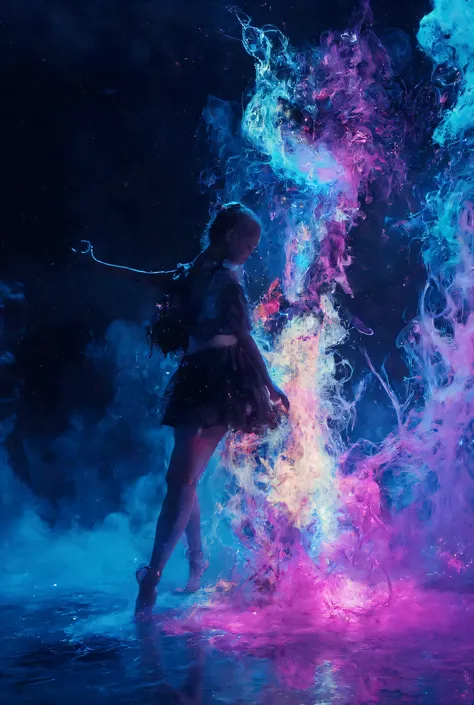 Nandra-Pro Beta、(((Ballet dancer illuminated by a prism,Primadonna))), Wonderful, artistic scene featuring a black ballet dancer、set against a deep Black Background where light bends through a prism creating vivid colors like violet, Blue, green, gold , ne...