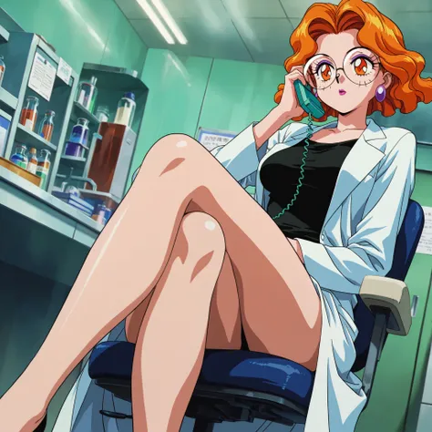 masterpiece, amazing quality, best quality, ultra-detailed, 8K, illustration, ultra-detailed-eyes, soft skin, very awa, very as2, soft body, 1990s \(style\), official art, Mimete, medium breasts, earrings, orange hair, orange eyes, makeup, lipstick, glasse...
