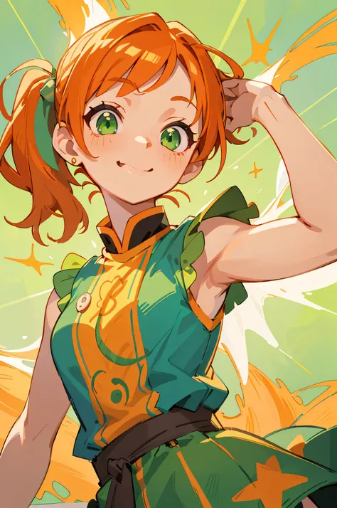 masterpiece、Highest quality、1girl、anime painting、Orange Hair、Beautiful green eyes、Side Ponytail、Sleeveless shirt、Clothes with ethnic patterns and primary colors、skirt、Upper body close-up、Laughing with your mouth open、Cinema Lighting、Sharp contours