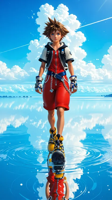1boy, solo, brown hair, spiked hair, blue eyes, hood, zipper, fingerless gloves, chain, shoes . A vast, ocean the bright blue sky and white clouds above, creating a perfect illusion of walking in the sky . horizon, standing on liquid