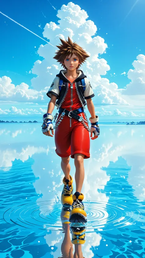 1boy, solo, brown hair, spiked hair, blue eyes, hood, zipper, fingerless gloves, chain, shoes . A vast, ocean the bright blue sky and white clouds above, creating a perfect illusion of walking in the sky . horizon, standing on liquid