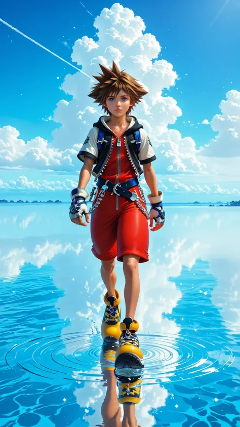  1boy, solo, brown hair, spiked hair, blue eyes, hood, zipper, fingerless gloves, chain, shoes . A vast, ocean the bright blue sky and white clouds above, creating a perfect illusion of walking in the sky . horizon, standing on liquid