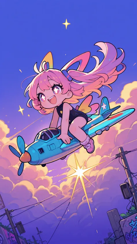 cheerful girl, full body, riding on a small airplane, laughing joyfully, playful pose, fluttering hair, blue background, soft clouds, pop and colorful atmosphere, cute and lively feeling, vibrant lighting, Graffiti Art Style Background, long eyelashes, (Se...