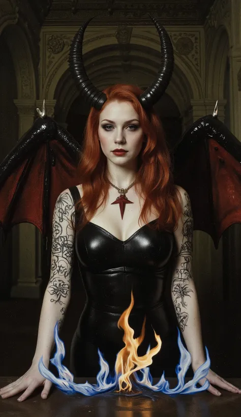 I want to create a medium shot dedicated to portraying Lilith,  queen of demons, first wife of Adam, first succubus. masterpiece. best quality. Hourglass figure, teardrop shaped lovely natural breasts, perfect anatomy, skin as pale as milk, red hair and ra...