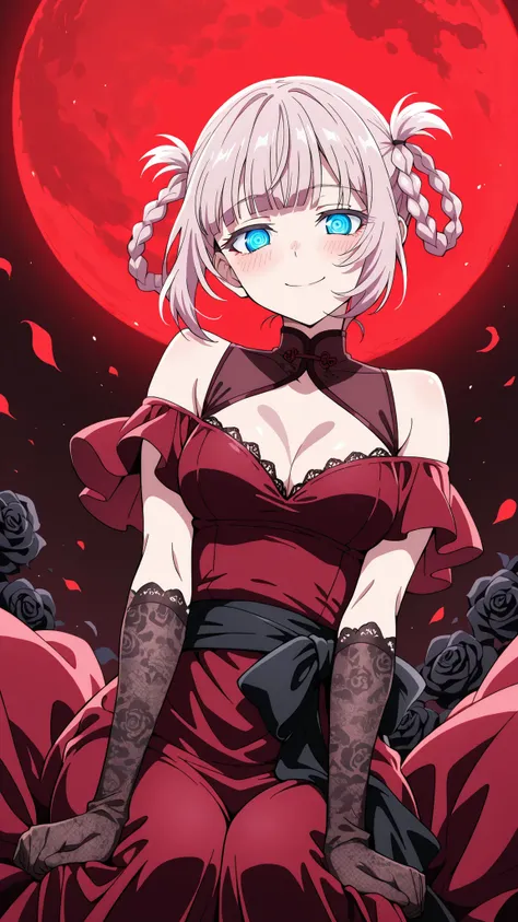 BREAK (masterpiece:1.2), best quality, high resolution,8k wallpaper, (illustration:0.8), (beautiful detailed eyes:1.6),Anime-style field of black roses stretching to the horizon under a deep red sky, rolling fog glowing faintly crimson, soft wind moving da...
