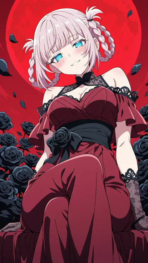 BREAK (masterpiece:1.2), best quality, high resolution,8k wallpaper, (illustration:0.8), (beautiful detailed eyes:1.6),Anime-style field of black roses stretching to the horizon under a deep red sky, rolling fog glowing faintly crimson, soft wind moving da...