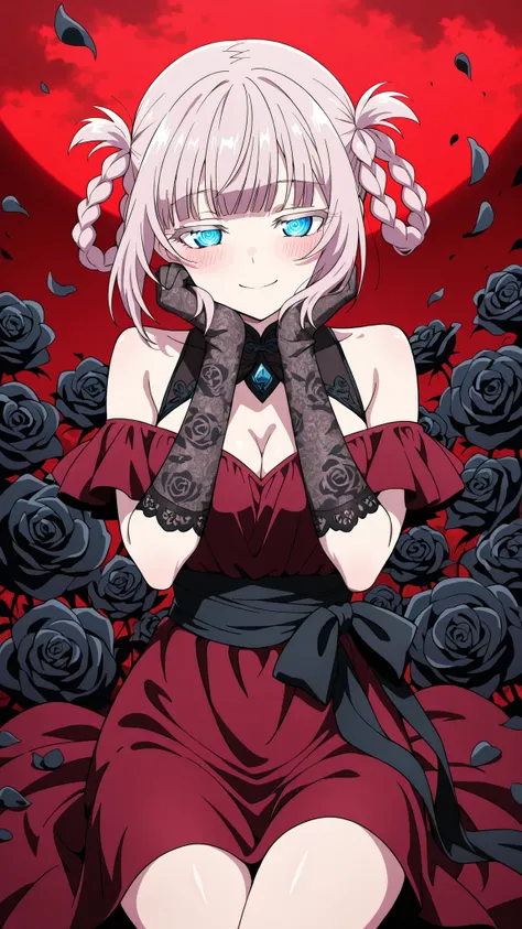 BREAK (masterpiece:1.2), best quality, high resolution,8k wallpaper, (illustration:0.8), (beautiful detailed eyes:1.6),Anime-style field of black roses stretching to the horizon under a deep red sky, rolling fog glowing faintly crimson, soft wind moving da...