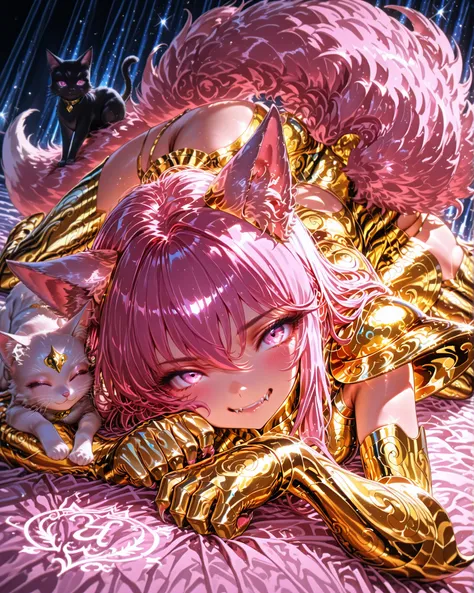 high angle, (masterpiece, 4k, ultra detailed, vivid and vibrant colors), {1woman}: (a beautiful and attractive woman, long pink hair, pink eyes, fluffy pink fox ears and tails, wears golden armor inspired by the anime Saint Seiya, but in a very revealing a...