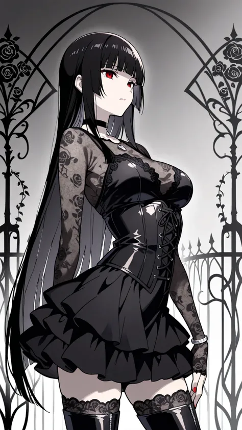 BREAK (masterpiece:1.2), best quality, high resolution, unity 8k wallpaper, (illustration:0.8),Anime-style black rose garden engulfed in dense pale fog, gothic iron fences barely visible in the distance, faint light filtering through mist, soft grayscale p...