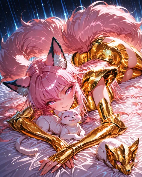 high angle, (masterpiece, 4k, ultra detailed, vivid and vibrant colors), {1woman}: (a beautiful and attractive woman, long pink hair, pink eyes, fluffy pink fox ears and tails, wears golden armor inspired by the anime Saint Seiya, but in a very revealing a...
