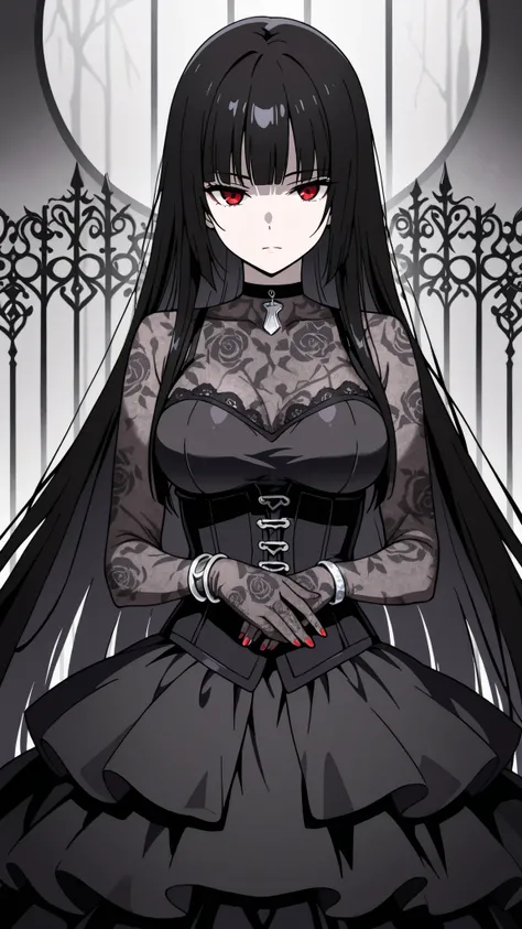 BREAK (masterpiece:1.2), best quality, high resolution, unity 8k wallpaper, (illustration:0.8),Anime-style black rose garden engulfed in dense pale fog, gothic iron fences barely visible in the distance, faint light filtering through mist, soft grayscale p...