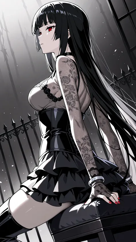 BREAK (masterpiece:1.2), best quality, high resolution, unity 8k wallpaper, (illustration:0.8),Anime-style black rose garden engulfed in dense pale fog, gothic iron fences barely visible in the distance, faint light filtering through mist, soft grayscale p...