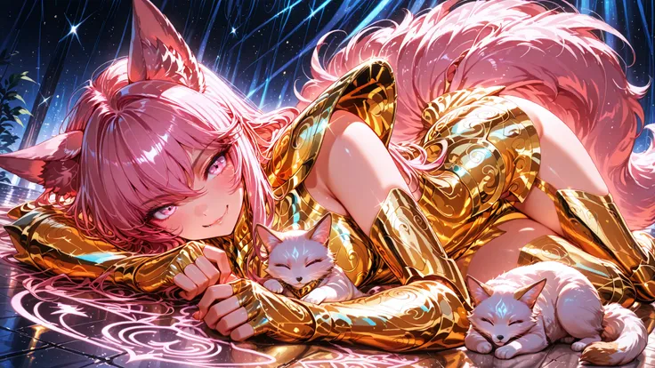 high angle, (masterpiece, 4k, ultra detailed, vivid and vibrant colors), {1woman}: (a beautiful and attractive woman, long pink hair, pink eyes, fluffy pink fox ears and tails, wears golden armor inspired by the anime Saint Seiya, but in a very revealing a...