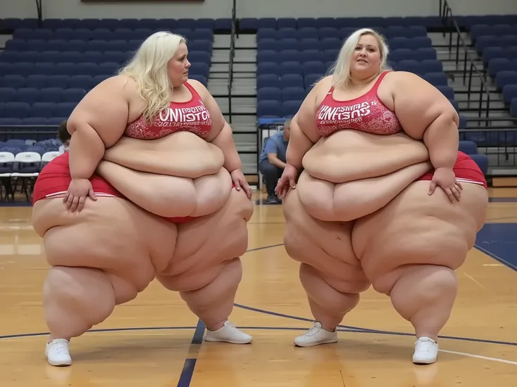 Wide-angle full-body shot of two beautiful cheerleader girls, nervously standing in a empty sports hall. Both girls are extremely morbidly obese, plus-size women, with ultra-wide massive hips, ginourmous flabby fat bellies with extreme apron-like hang, mas...