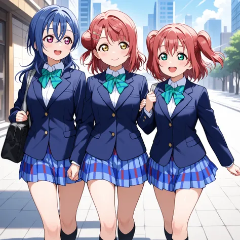 best quality, best detailed, perfect anatomy, anime style, three girls, Kurosawa Ruby, Uehara Ayumu , Wakana Shiki, Love Live!, large eyes, standing, otonokizaka school uniform ,winter uniform, blue blazer, striped bow tie ,pleated skirt,button shirt, walk...