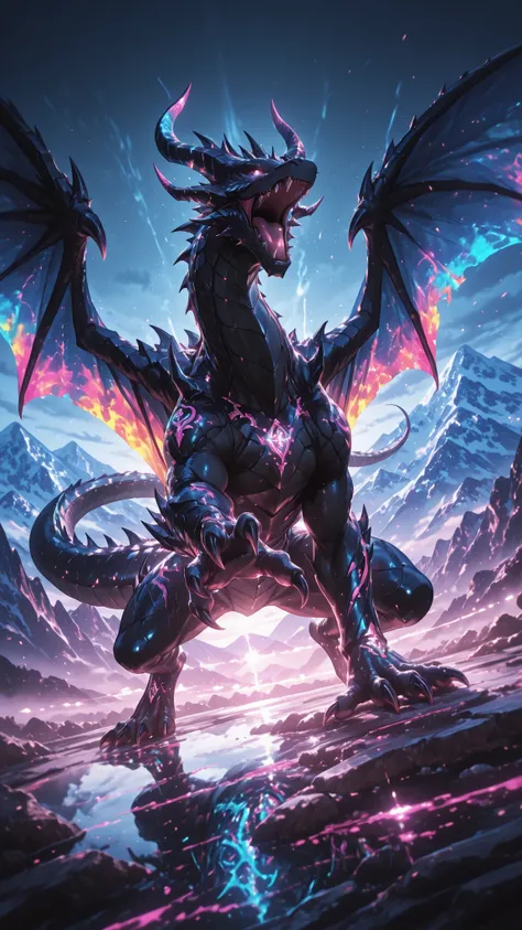 full body, 1other, open mouth, fang, no humans,Giant dragon,black dragon,scary dragon, sharp claws, multicolored horn, dragon horns, dragon wings, dragon tail, fantasy theme, mountain, dynamic pose, dynamic angle, dutch angle, score_9, score_8_up, score_7_...