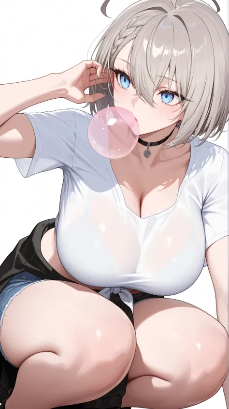 1girl, solo, anime girl, elegant, badass, baltimore, masterpiece, very aesthetic, grey hair, ahoge, short hair, french braid, hair between eyes, bob cut, light blue eyes, sharp eye outlines, long eyelashes, big breasts, midriff, curvy body, white shirt, ti...
