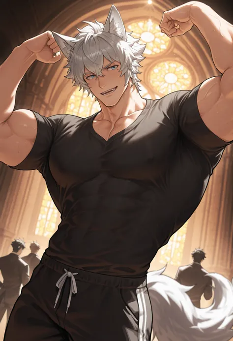 1 , alone)), wolf ears and tail, wearing a jacket, with a black shirt, in a dance club, dancing, night, dark place, view from a good angle, high resolution, masterpiece, ((short hair )) perspective correction,(( , funny look )) , anatomically correct mus...