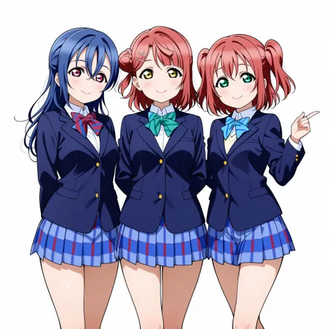 best quality, best detailed, perfect anatomy, anime style, three girls, Kurosawa Ruby, Uehara Ayumu , Wakana Shiki, Love Live!, large eyes, standing, otonokizaka school uniform ,winter uniform, blue blazer, striped bow tie ,pleated skirt,button shirt, thig...