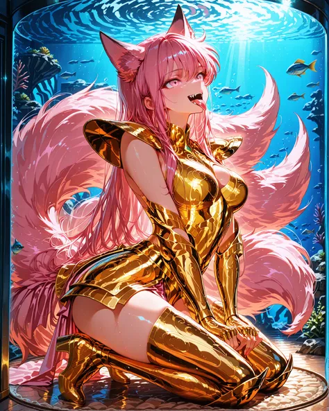 side angle, (masterpiece, 4k, ultra detailed, vivid and vibrant colors), {1woman}: (a beautiful and attractive woman, long pink hair, pink eyes, fluffy pink fox ears and tails, wears golden armor inspired by the anime Saint Seiya, but in a very revealing a...