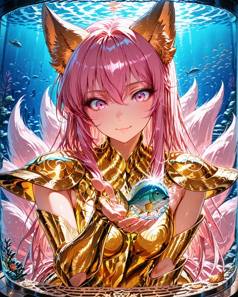 front angle, close-up, (masterpiece, 4k, ultra detailed, vivid and vibrant colors), {1woman}: (a beautiful and attractive woman, long pink hair, pink eyes, fluffy pink fox ears and tails, wears golden armor inspired by the anime Saint Seiya, but in a very ...