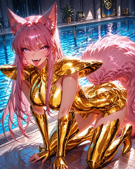 side angle, (masterpiece, 4k, ultra detailed, vivid and vibrant colors), {1woman}: (a beautiful and attractive woman, long pink hair, pink eyes, fluffy pink fox ears and tails, wears golden armor inspired by the anime Saint Seiya, but in a very revealing a...