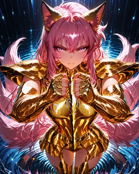 front angle, (masterpiece, 4k, ultra detailed, vivid and vibrant colors), {1woman}: (a beautiful and attractive woman, long pink hair, pink eyes, fluffy pink fox ears and tails, wears golden armor inspired by the anime Saint Seiya, but in a very revealing ...