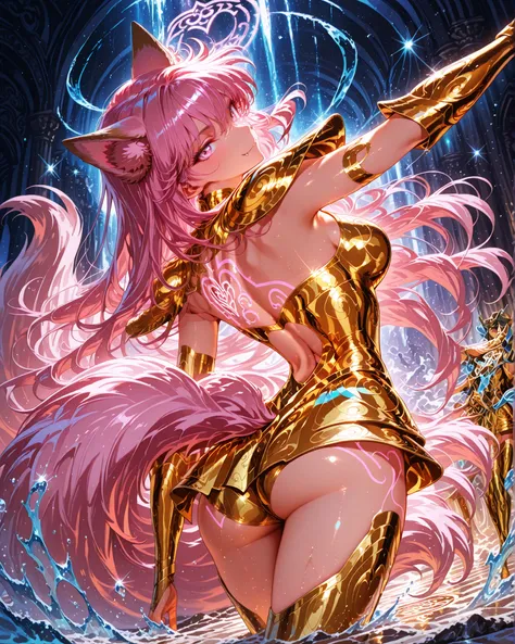 low angle, (masterpiece, 4k, ultra detailed, vivid and vibrant colors), {1woman}: (a beautiful and attractive woman, long pink hair, pink eyes, fluffy pink fox ears and tails, wears golden armor inspired by the anime Saint Seiya, but in a very revealing an...