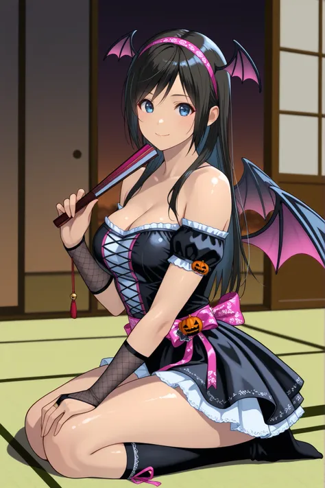 , ,perfect anatomy,masterpiece, Highest Quality, very aesthetic, Ridiculous, (Pyromyz (artist):0.4),,,1girl, kokoro (doa),kokorohalloween, black dress, hair orgment,a pair of devil wings on headband,,,  two Pink ribbon accessories at the both side of waist...