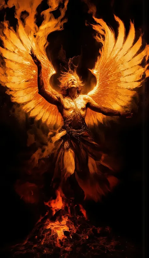 Ancient mythology style, Archangel Uriel is being of unparalleled light erupting in golden sunflares that form a Phoenix around his angelic beauty, flame radiating and abstract like living flame layered like leaves in dmai style yellow, orange red、The mome...