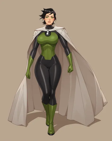 {{masterpiece, ultra-high quality, professionally detailed, professionally shaded}}, 1girl, short hair,black hair, cape,solo,big breasts, thick thighs, wide hips, slim waist, white cape, superhero bodysuit, black bodysuit, green eyes, ben10, white cape, gr...