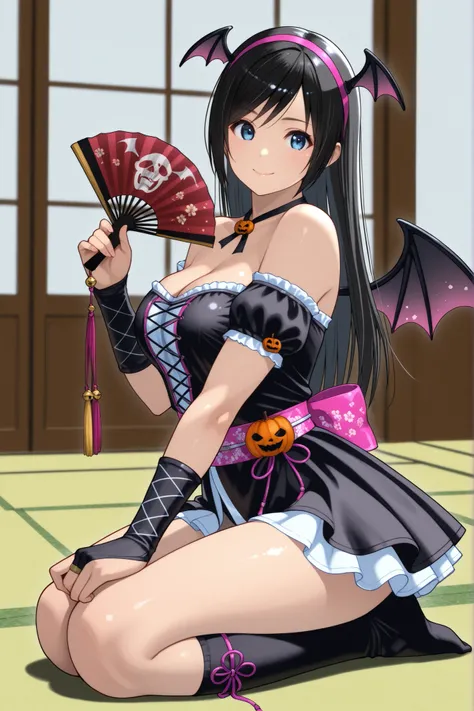 , ,perfect anatomy,masterpiece, Highest Quality, very aesthetic, Ridiculous, (Pyromyz (artist):0.4),,,1girl, kokoro (doa),kokorohalloween, black dress, hair orgment,a pair of devil wings on headband,,,  two Pink ribbon accessories at the both side of waist...