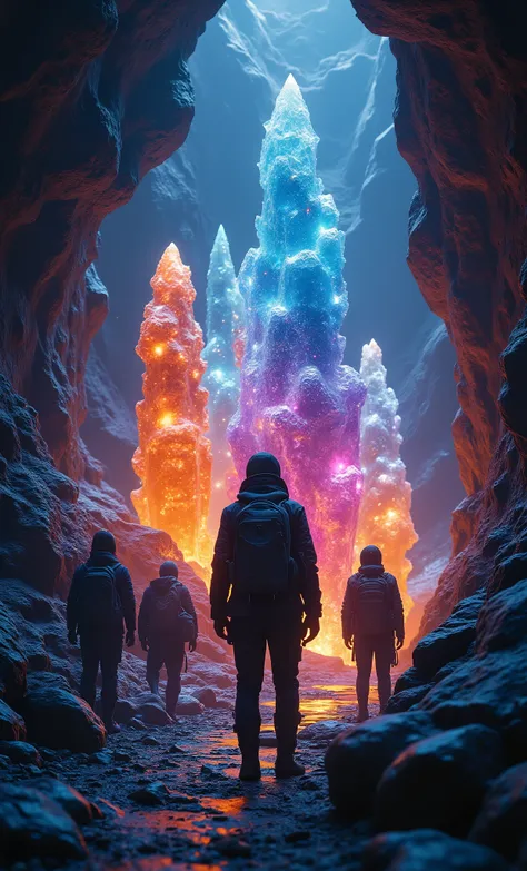 photorealistic portrait of a group of adventures, tief im Erdinneren, where huge crystals stand and glow in all colors of the rainbow,  for the best quality , images should be UHD and in sharp focus,Punktzahl_9, Punktzahl_8_hoch, Punktzahl_7_hoch, Punktzah...