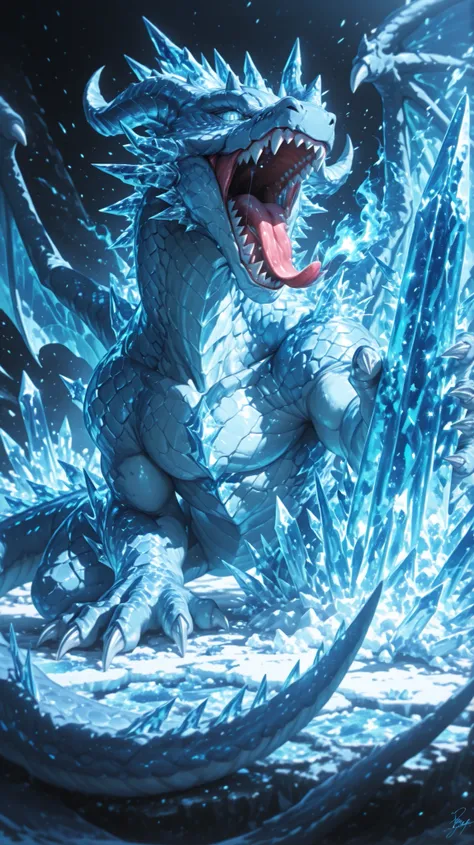 no_humans, dragon, claws, wings, tongue, open_mouth, scales, blue_theme, sharp_teeth, solo, teeth, tail, ice, crystal, tongue_out, fire, signature, horns