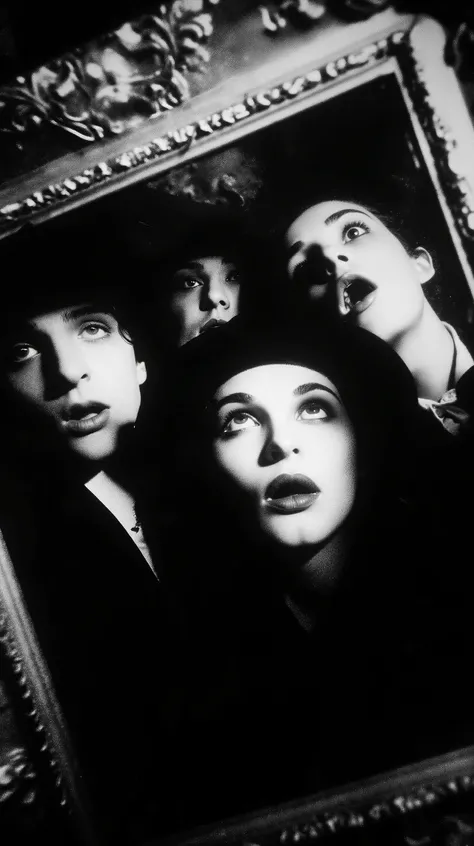 Cinematic frame , blanco y negro, artistic style, shocking situations of strange people, William Klein style photography.
