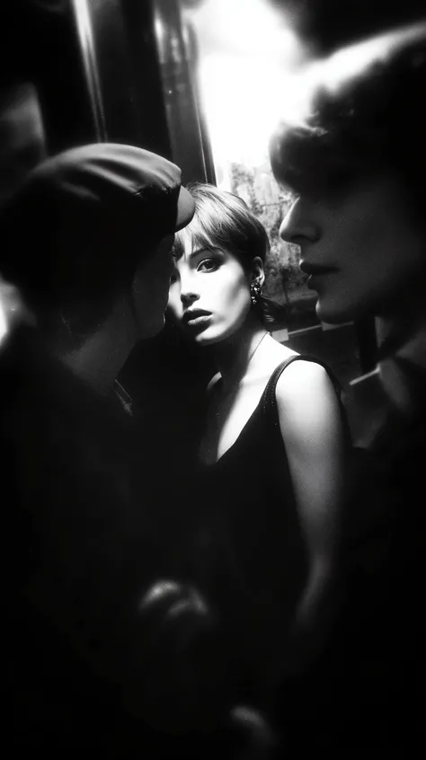 Cinematic frame , blanco y negro, artistic style, shocking situations of strange people, William Klein style photography.