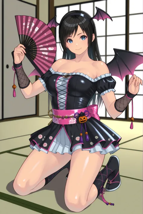 , ,perfect anatomy,masterpiece, Highest Quality, very aesthetic, Ridiculous, (Pyromyz (artist):0.4),,,1girl, kokoro (doa),kokorohalloween, black dress, hair orgment,a pair of devil wings on headband,,,  two Pink ribbon accessories at the both side of waist...