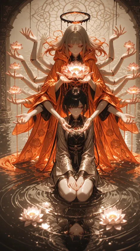 masterpiece, highest quality, ultra hd, high resolution, 8k, sharp lines, vivid contrast, glossy texture, 1girl, multi_arm, meditative, floating, lotus posture, dark lacquered pedestal, rippling water, eerie calm, divinity, faceless, exposed ribcage, circu...