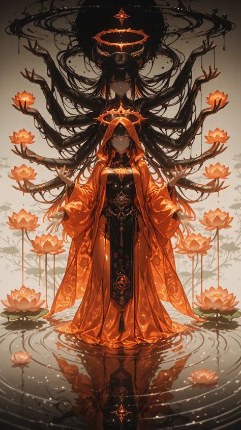 masterpiece, highest quality, ultra hd, high resolution, 8k, sharp lines, vivid contrast, glossy texture, 1girl, multi_arm, meditative, floating, lotus posture, dark lacquered pedestal, rippling water, eerie calm, divinity, faceless, exposed ribcage, circu...