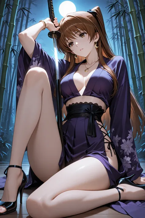 ogiso setsuna, weapon, katana, holding sword, ready to draw, sheathed, unsheathing, scabbard,, ogiso setsuna\(white album 2\), 1girl, brown hair, brown eyes, long hair, (beauitful eyes, detailed eyes), ((masterpiece)), Top Quality, very detailed, bamboo fo...