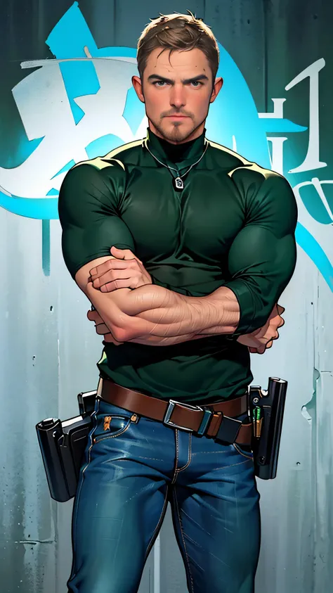 vpl,vpl,1 man, male focus solo,45 yo man, (((Stephen AMELL as private investigator))), lean muscle, open blue shirt, marine blue jeans with brown belt ,( bulge), full body shot, dark blond short hair, BLUE GREEN EYES , well groomed facial hair, (((( HANDS...