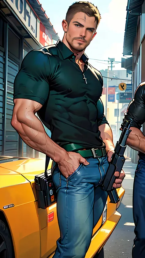 vpl,vpl,1 man, male focus solo,45 yo man, (((Stephen AMELL as private investigator))), lean muscle, open blue shirt, marine blue jeans with brown belt ,( bulge), full body shot, dark blond short hair, BLUE GREEN EYES , well groomed facial hair, (((( HANDS...