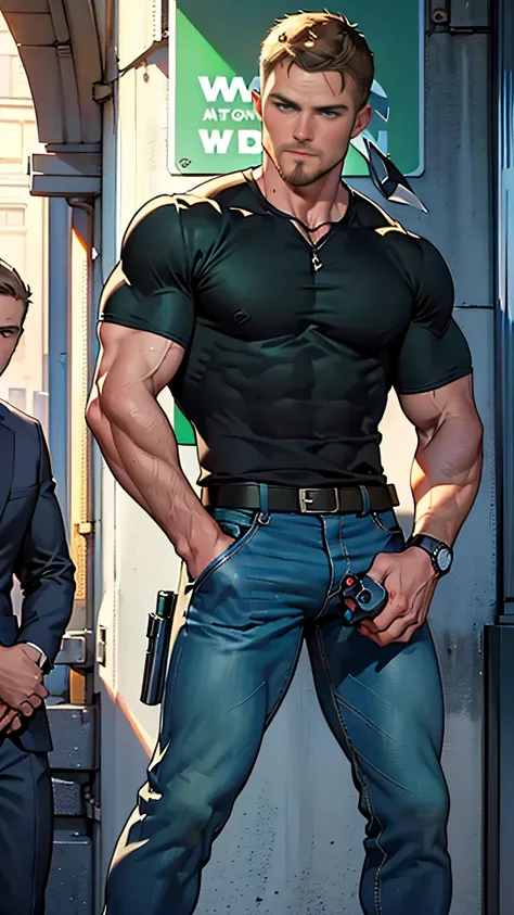 vpl,vpl,1 man, male focus solo,45 yo man, (((Stephen AMELL as private investigator))), lean muscle, open blue shirt, marine blue jeans with brown belt ,( bulge), full body shot, dark blond short hair, BLUE GREEN EYES , well groomed facial hair, (((( HANDS...