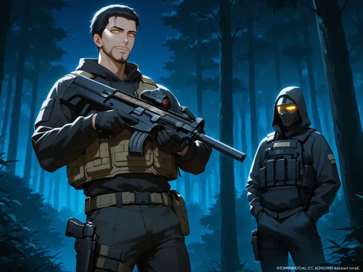 A Latino with yellow eyes and musculature hiding behind a tree while masked men search for him. He has olive skin, facial hair, and black hair in a slicked-back style. The man holds a P90 advanced automatic weapon, and he is wearing a black hoodie jacket, ...