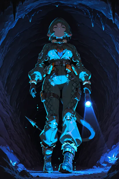 high quality, masterpiece, ultra-detailed, jane Doe, tail, ears, \(Zenless Zone Zero\), slender figure, close-up full body shot portrait, confident pose, (hex pattern jumpsuit, exploration gear, flashlight, illuminating surroundings, leather harness, utili...