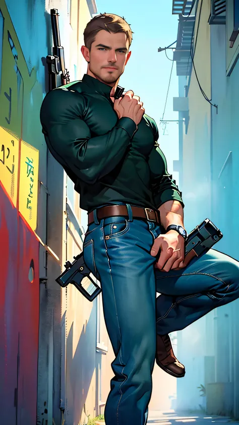 vpl,vpl,1 man, male focus solo,45 yo man, (((Stephen AMELL as private investigator))), lean muscle, open blue shirt, marine blue jeans with brown belt ,( bulge), full body shot, dark blond short hair, BLUE GREEN EYES , well groomed facial hair, (((( HANDS...