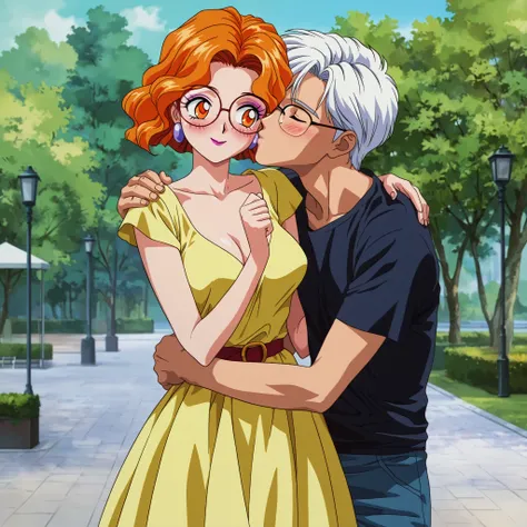 masterpiece, amazing quality, best quality, ultra-detailed, 8K, illustration, ultra-detailed-eyes, soft skin, very awa, very as2, soft body, 1990s \(style\), official art, Mimete, 1girl, solo, breasts, medium breasts, earrings, orange hair, orange eyes, ma...