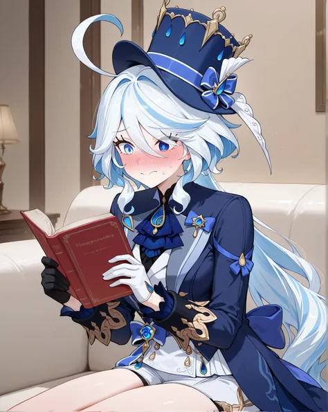 	Furina \Genshin Impact\, long hair, white hair, blue eyes, 

blue headwear, top hat, 
blue jacket, long sleeves, 
blue tailcoat, 
white vest, 
assymetrical gloves, 
white shorts, 

embarassed, cute expression, solo, 
reading book, heavily blushing, sitting on sofa, 

luxurious room, 
1 beautiful girl, 

Masterpiece, best quality, amazing quality, newest, very aesthetic, absurdres, slender body, anime style, aged up, mature female, womanly, 