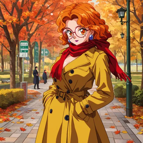 masterpiece, amazing quality, best quality, ultra-detailed, 8K, illustration, ultra-detailed-eyes, soft skin, very awa, very as2, soft body, 1990s \(style\), official art, Mimete, medium breasts, earrings, orange hair, orange eyes, makeup, lipstick, glasse...
